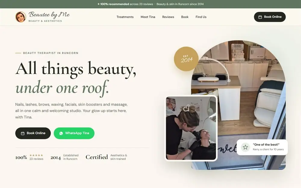 Homepage design for a beauty salon in Cheshire