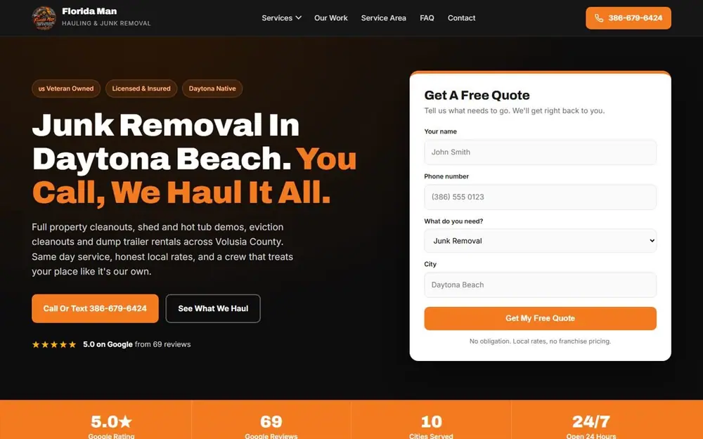 Homepage design for a junk removal company in Florida