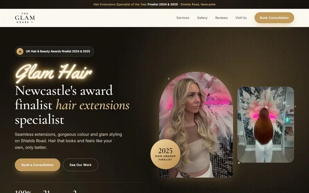 Homepage design for a hair extensions studio in Newcastle
