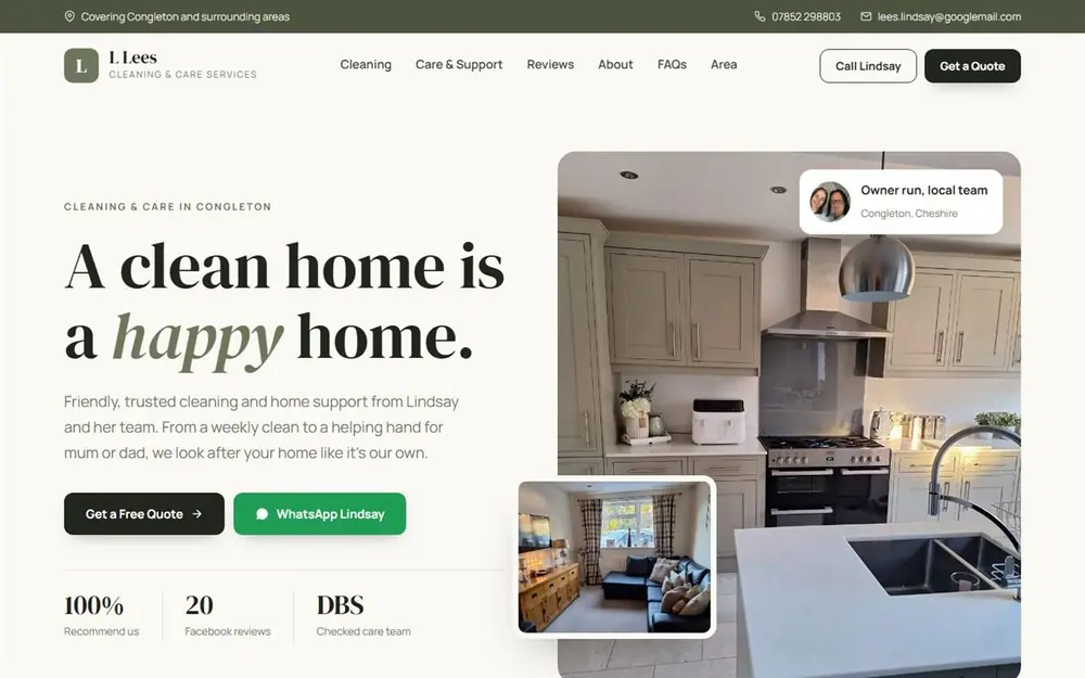 Homepage design for a cleaning and care business in Cheshire