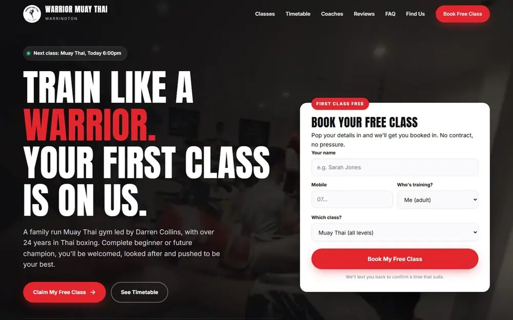 Homepage design for a Muay Thai gym in Warrington