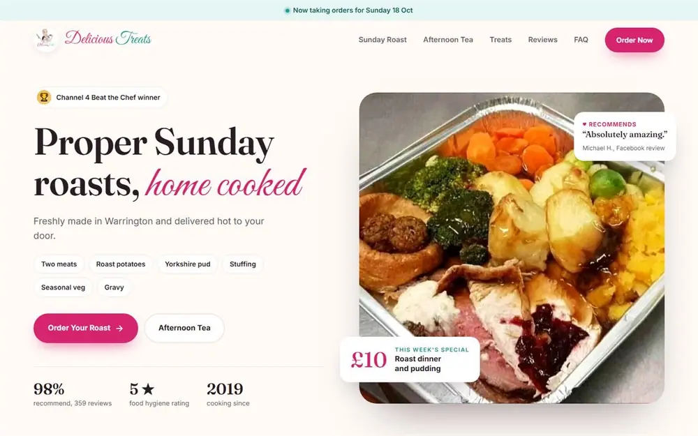 Homepage design for a home cooked food delivery business in Warrington