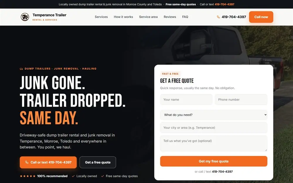 Homepage design for a dump trailer rental company in Michigan