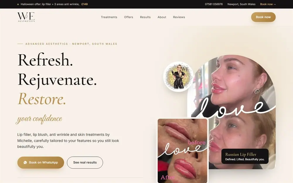 Homepage design for an aesthetics clinic in South Wales