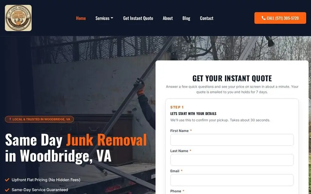 JT Junk Removal homepage with an instant quote form