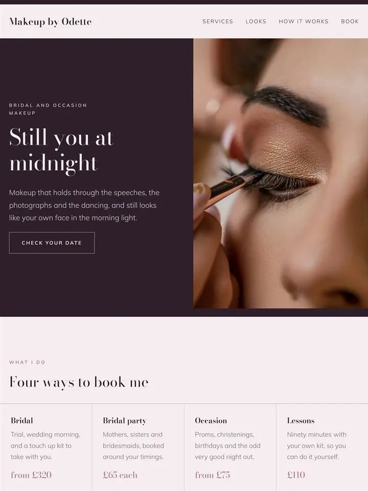 Homepage design for a bridal makeup artist