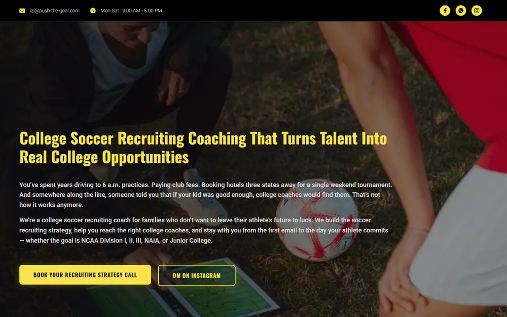 Push The Goal homepage, a college soccer recruiting coach